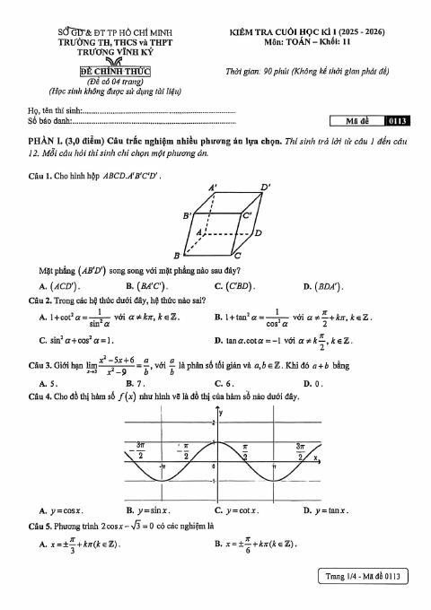 Đề thi Học kì 1 Toán 11 năm 2025-2026 trường TH, THCS và THPT Trương Vĩnh Ký (TP Hồ Chí Minh)